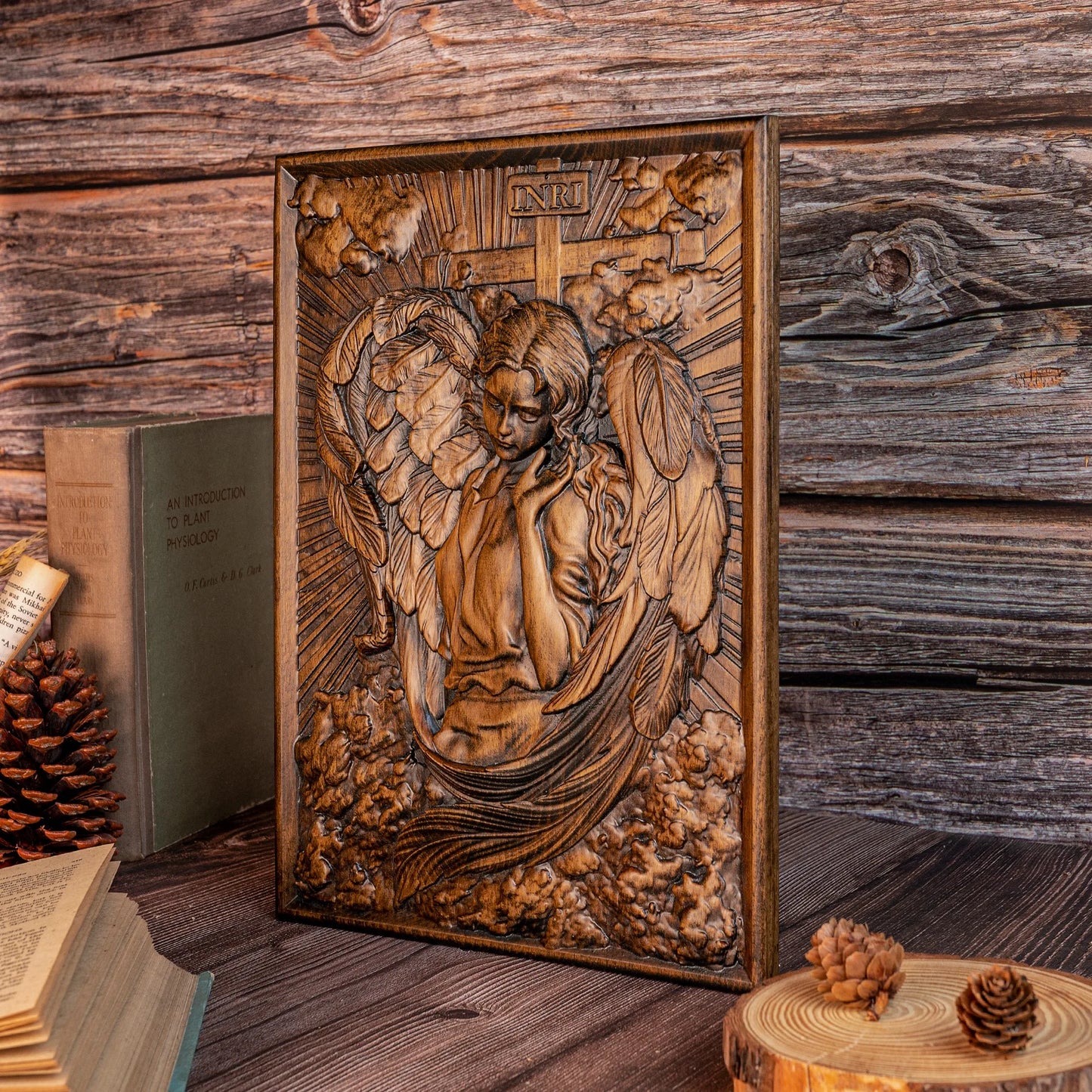 Female Archangel Chamuel wood carving square plaque religious objects Christian icons handmade wood carving decorations