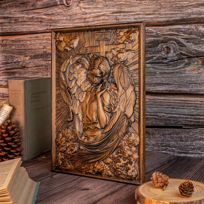 Female Archangel Chamuel wood carving square plaque religious objects Christian icons handmade wood carving decorations