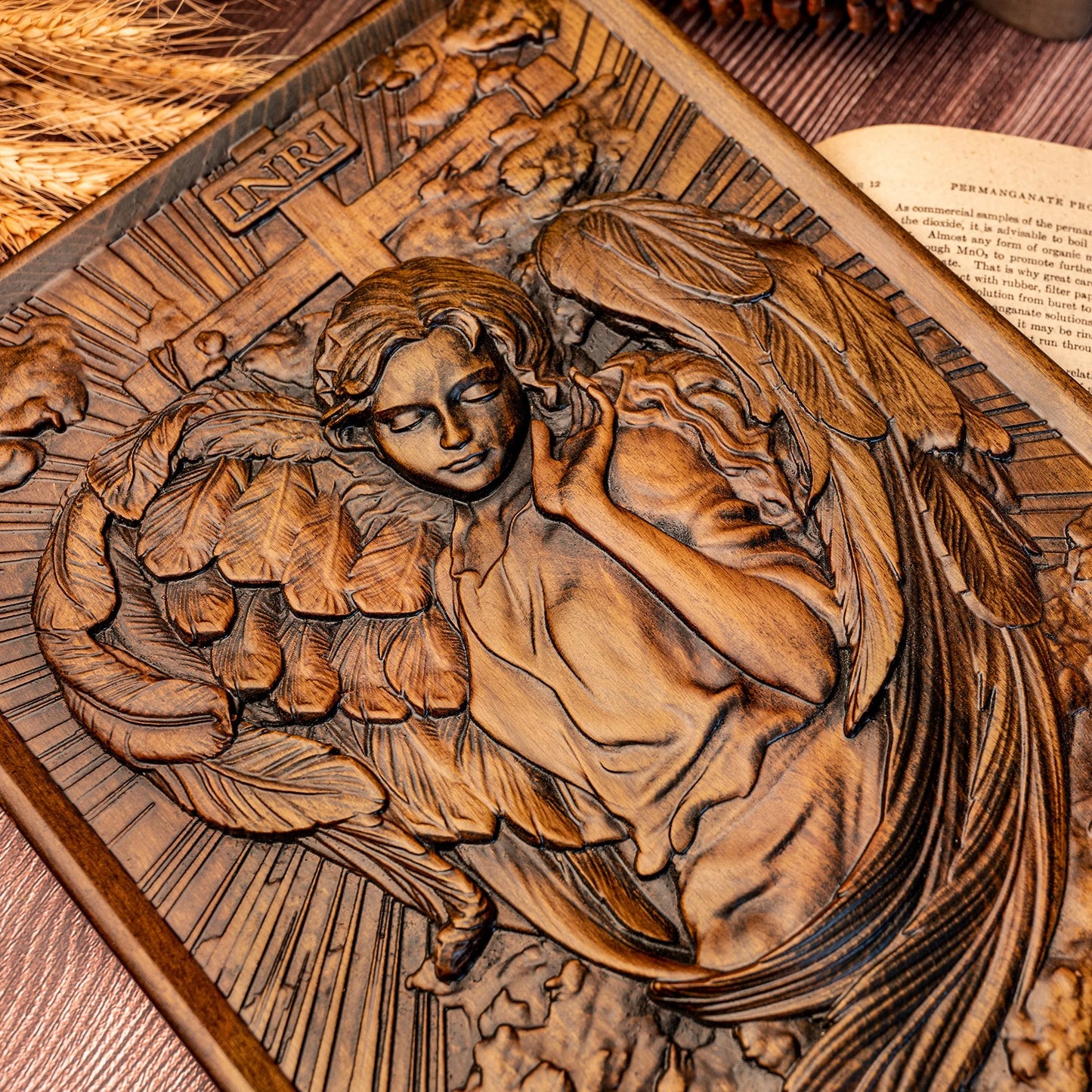 Female Archangel Chamuel wood carving square plaque religious objects Christian icons handmade wood carving decorations