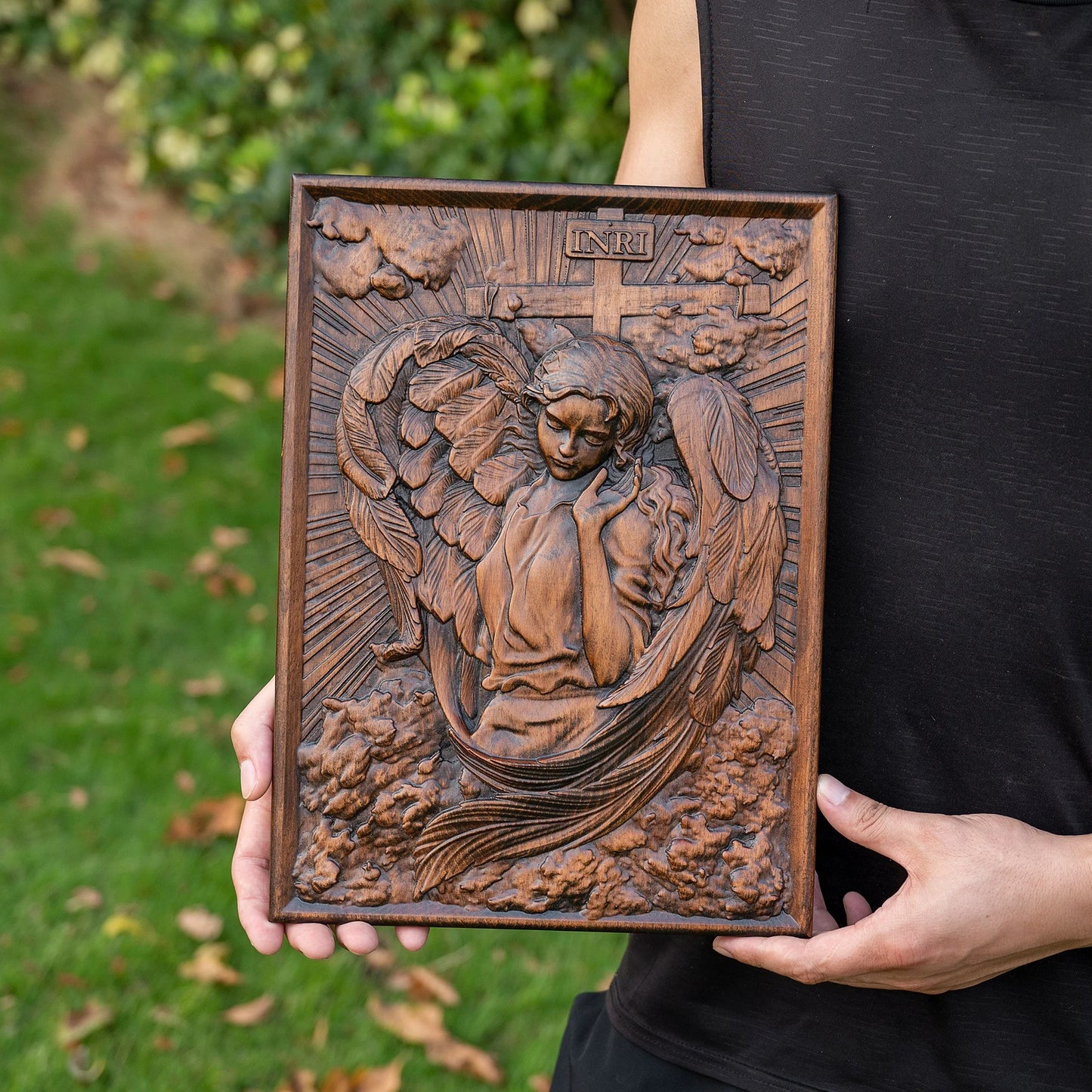 Female Archangel Chamuel wood carving square plaque religious objects Christian icons handmade wood carving decorations