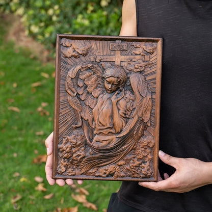 Female Archangel Chamuel wood carving square plaque religious objects Christian icons handmade wood carving decorations