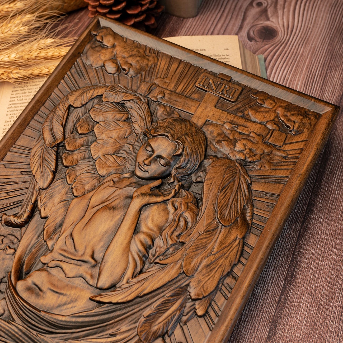 Female Archangel Chamuel wood carving square plaque religious objects Christian icons handmade wood carving decorations