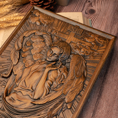 Female Archangel Chamuel wood carving square plaque religious objects Christian icons handmade wood carving decorations