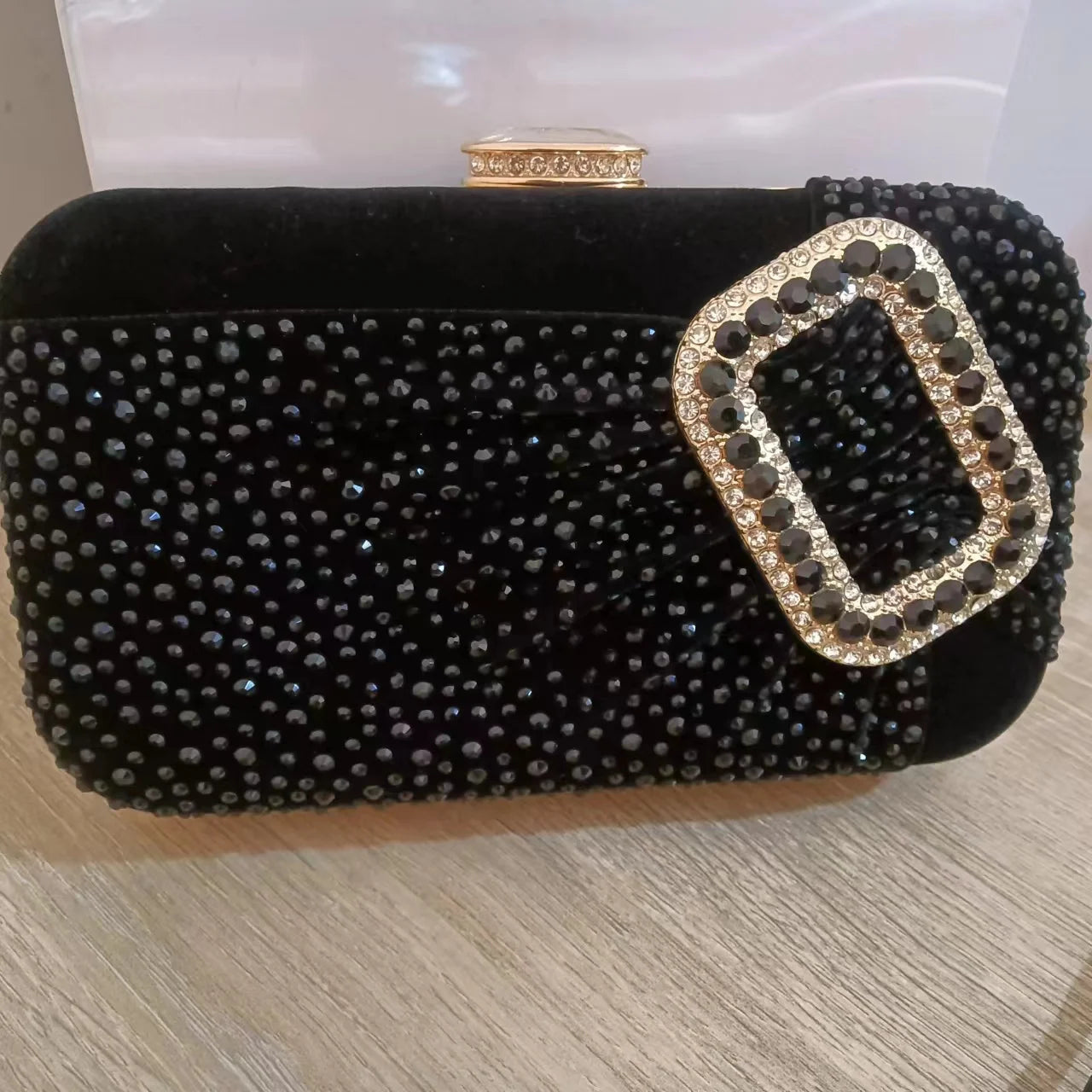 Female Black Handle Day Clutches Purse Woman Rhinestone Crystal Wrinkle Evening Purse Elegant Wedding Bridal Bag Handbag