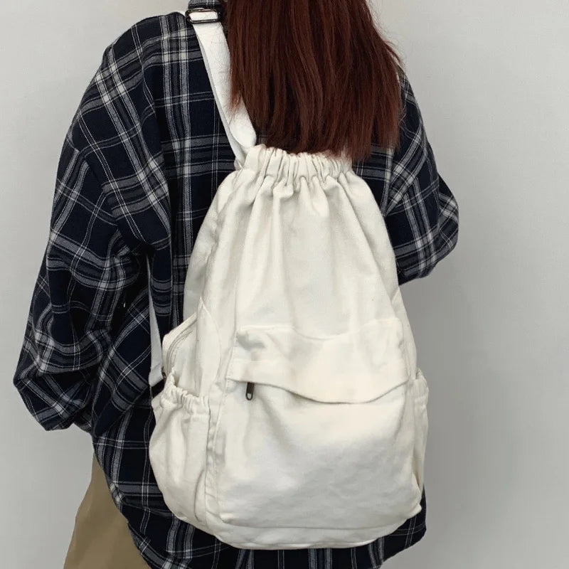 Female Canvas Cute Drawstring College Backpack Fashion Women Laptop Book Bag Trendy Ladies Backpack Cool Girl Travel School Bags