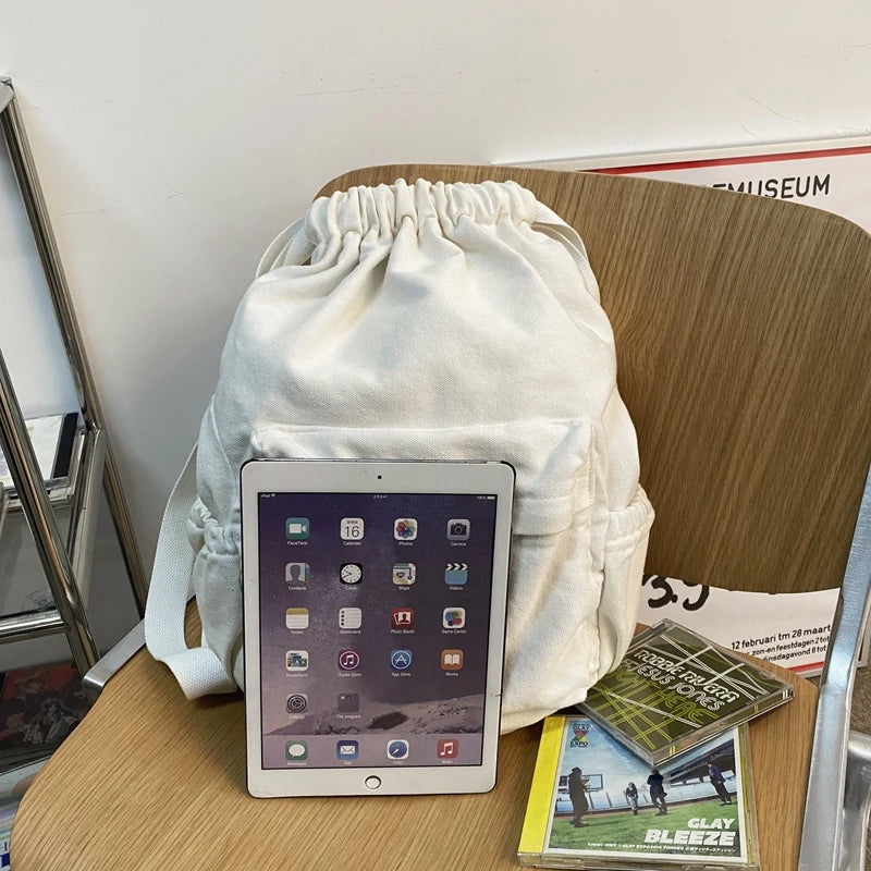 Female Canvas Cute Drawstring College Backpack Fashion Women Laptop Book Bag Trendy Ladies Backpack Cool Girl Travel School Bags