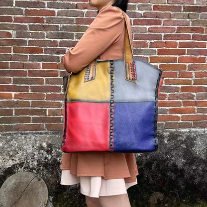 Female Cowhide Leather Patchwork Tote Bag Luxury Designer Retro Color Matching Shoulder Bagssimple Soft Commuter Fashion Purses