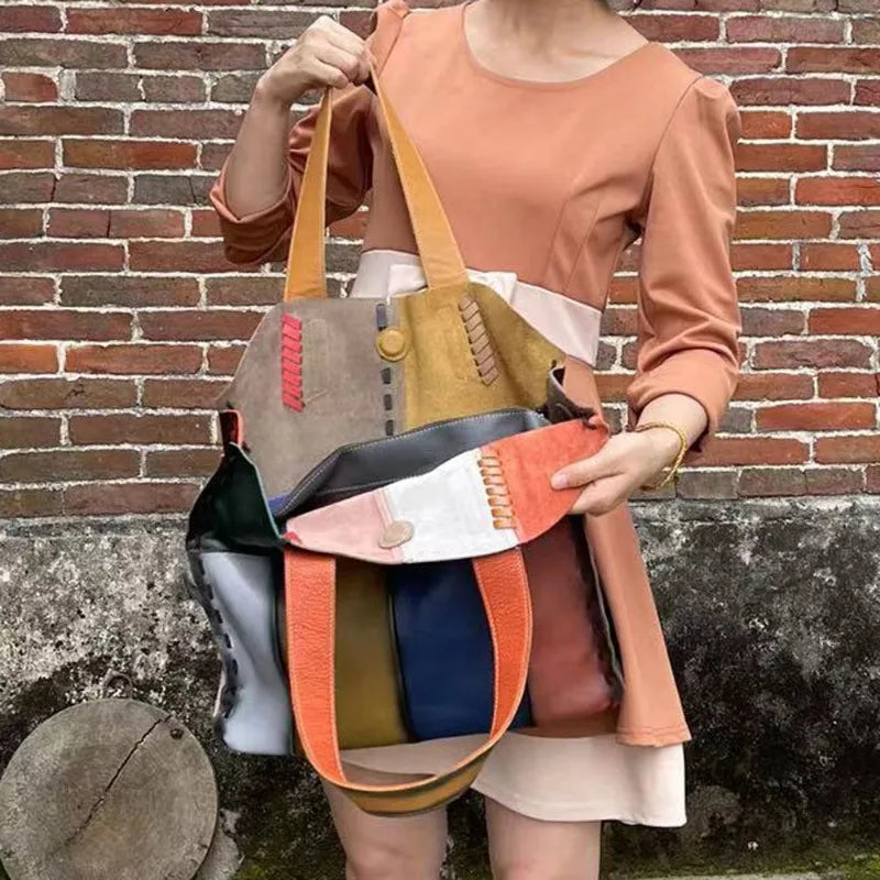 Female Cowhide Leather Patchwork Tote Bag Luxury Designer Retro Color Matching Shoulder Bagssimple Soft Commuter Fashion Purses