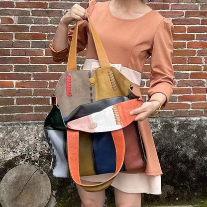 Female Cowhide Leather Patchwork Tote Bag Luxury Designer Retro Color Matching Shoulder Bagssimple Soft Commuter Fashion Purses