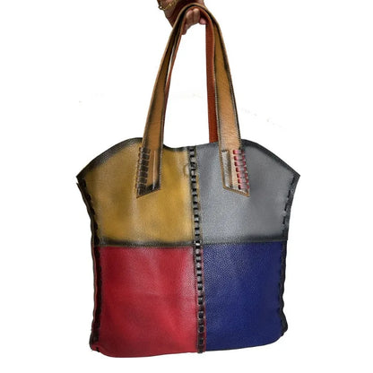 Female Cowhide Leather Patchwork Tote Bag Luxury Designer Retro Color Matching Shoulder Bagssimple Soft Commuter Fashion Purses