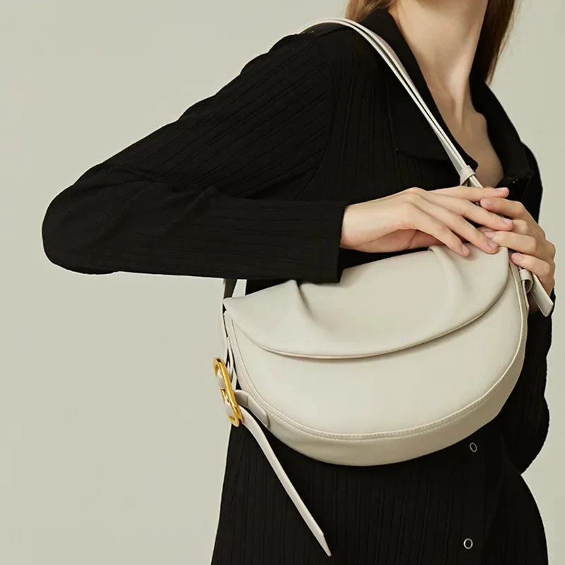 Female Cowhide Saddle Bag New Fashion Leather Women's Handbag All-Match Shoulder Pack Personalized Design Messenger Package