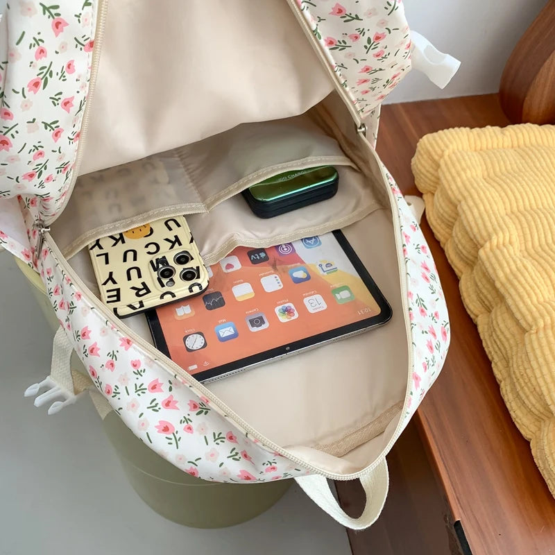 Female Cute Floral Laptop Waterproof College Backpack Women Travel Kawaii Student School Bag Ladies Nylon Girl Book Bags Fashion