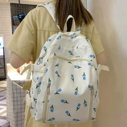 Female Cute Floral Laptop Waterproof College Backpack Women Travel Kawaii Student School Bag Ladies Nylon Girl Book Bags Fashion