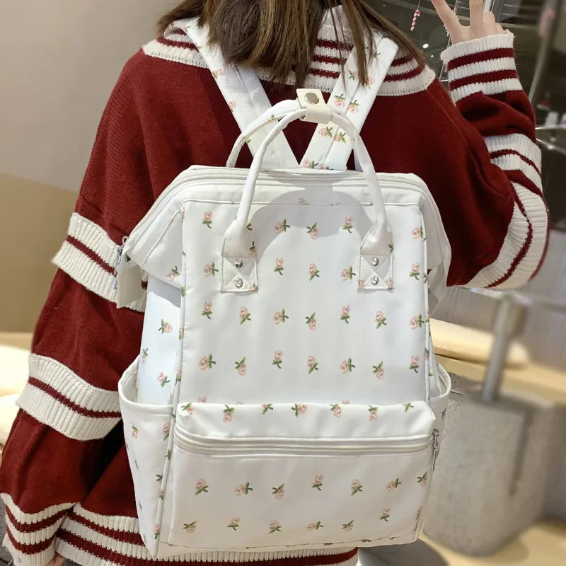 Female Cute Floral Printing Nylon University Backpack - Thumbnail 2