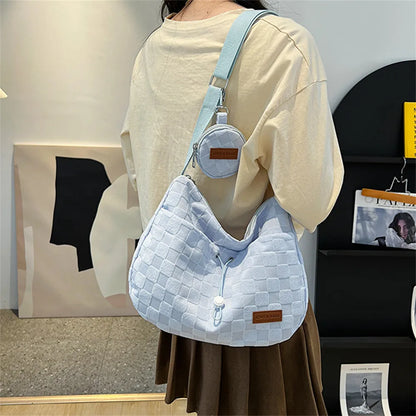 Female Fashion Harajuku Style College Crossbody Bag Solid Color Plaid Print Large Capacity Shoulder Bag New Cute Design Handbag