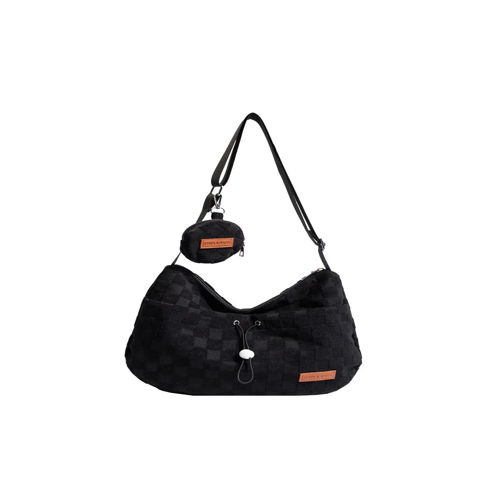 Female Fashion Harajuku Style College Crossbody Bag Solid Color Plaid Print Large Capacity Shoulder Bag New Cute Design Handbag