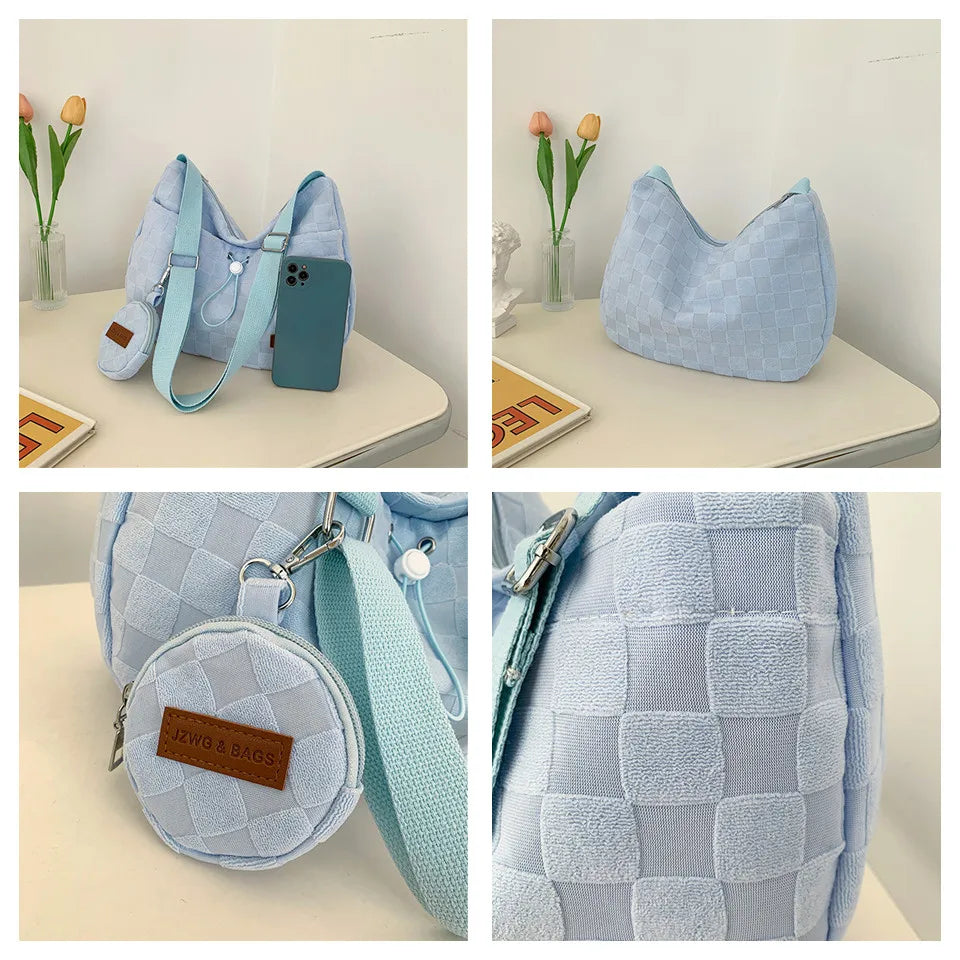Female Fashion Harajuku Style College Crossbody Bag Solid Color Plaid Print Large Capacity Shoulder Bag New Cute Design Handbag