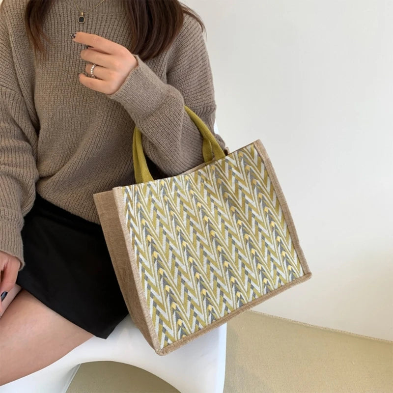 Female Flax Shoulder Bag Large Capacity Handbag Womens Top Handle Handbag Ladies Tote Bag Fashion Woven Shopping Bag