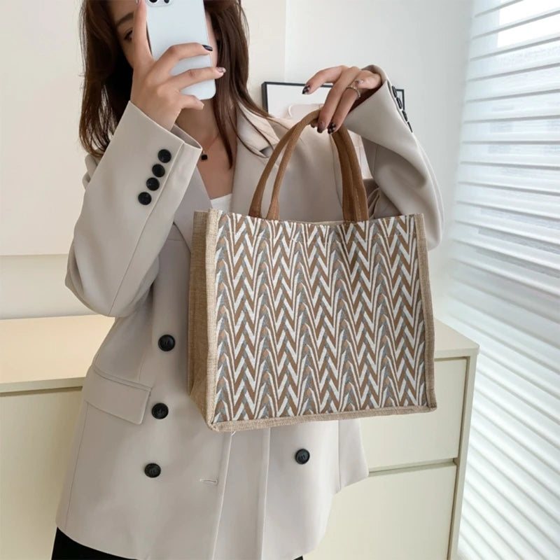 Female Flax Shoulder Bag Large Capacity Handbag Womens Top Handle Handbag Ladies Tote Bag Fashion Woven Shopping Bag
