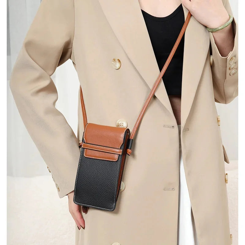 Female Leather Vertical Diagonal Cross Baotou Layer Cowhide New Fashion Mobile Phone Bag Bump Single Shoulder