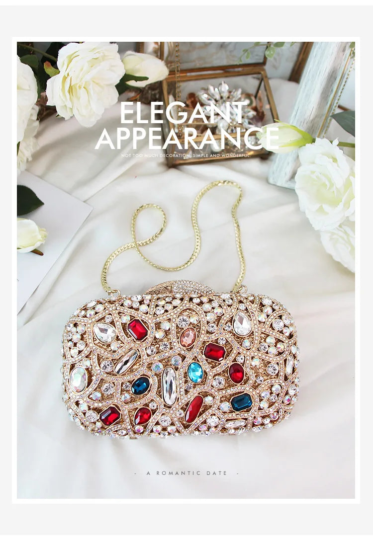 Female Women Crystal Clutch Bags For Party Evening Bag Minaudiere Bags Metal Hard Case Wedding Bridal Flower Handbag Purse Gift