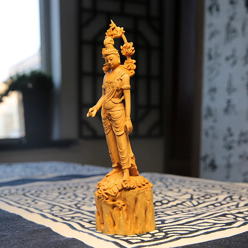 Feng Shui 20CM Buddha GuanYin Wood Boxwood Statue Collection Sculpture Mascot Historical Myth God Figure Home Decor