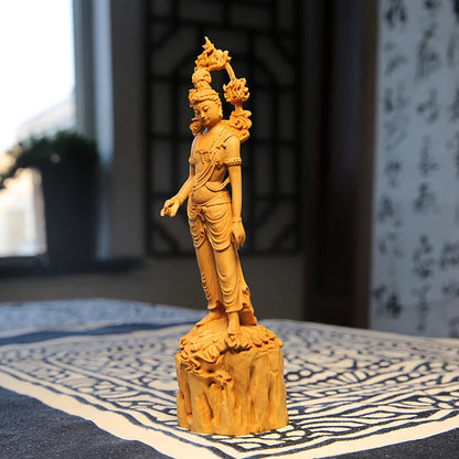 Feng Shui 20CM Buddha GuanYin Wood Boxwood Statue Collection Sculpture Mascot Historical Myth God Figure Home Decor