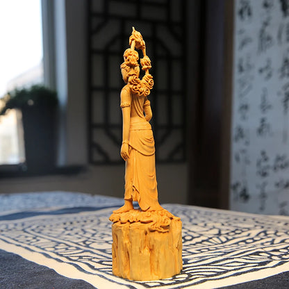 Feng Shui 20CM Buddha GuanYin Wood Boxwood Statue Collection Sculpture Mascot Historical Myth God Figure Home Decor
