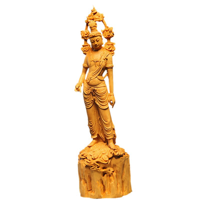 Feng Shui 20CM Buddha GuanYin Wood Boxwood Statue Collection Sculpture Mascot Historical Myth God Figure Home Decor