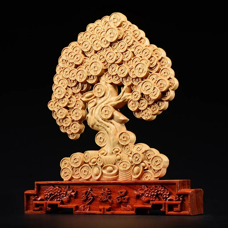Feng Shui 24cm Thuja Wood Statue  Lucky Money TreeDecoration Mascot Home Desk Decor Sculptures