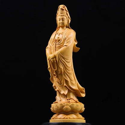 Feng Shui Boxwood 10~35CM Buddha GuanYin Wood Statue Collection Wood Sculpture Mascot Historical Myth God Figure Statue