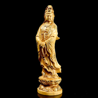 Feng Shui Boxwood 10~35CM Buddha GuanYin Wood Statue Collection Wood Sculpture Mascot Historical Myth God Figure Statue