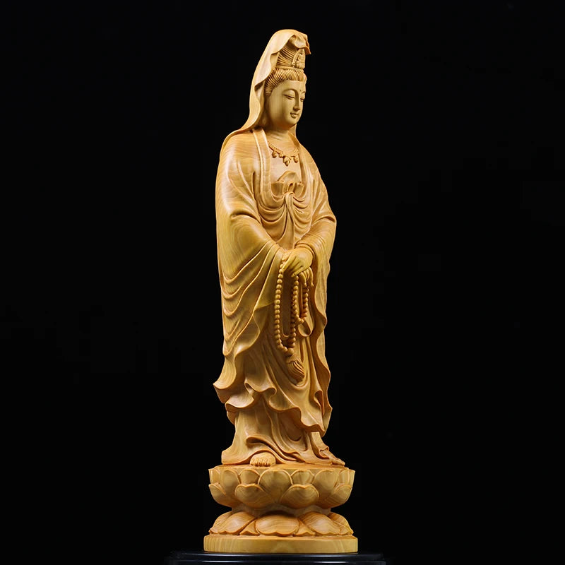 Feng Shui Boxwood 10~35CM Buddha GuanYin Wood Statue Collection Wood Sculpture Mascot Historical Myth God Figure Statue
