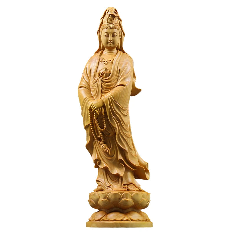 Feng Shui Boxwood 10~35CM Buddha GuanYin Wood Statue Collection Wood Sculpture Mascot Historical Myth God Figure Statue