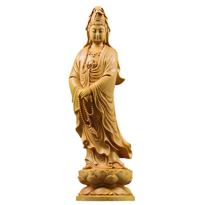 Feng Shui Boxwood 10~35CM Buddha GuanYin Wood Statue Collection Wood Sculpture Mascot Historical Myth God Figure Statue