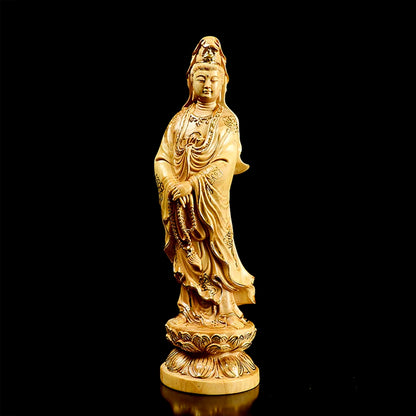 Feng Shui Boxwood 10~35CM Buddha GuanYin Wood Statue Collection Wood Sculpture Mascot Historical Myth God Figure Statue