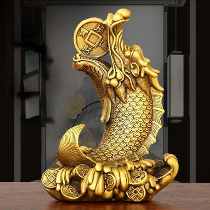 Feng Shui Brass Copper Inviting Wealth Brass Dragon Head Fish Ornament Home Desktop Decorations Sculptures