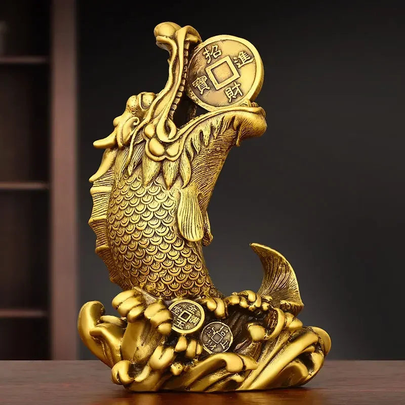 Feng Shui Brass Copper Inviting Wealth Brass Dragon Head Fish Ornament Home Desktop Decorations Sculptures