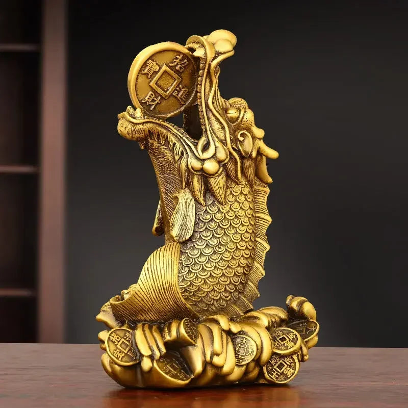 Feng Shui Brass Copper Inviting Wealth Brass Dragon Head Fish Ornament Home Desktop Decorations Sculptures