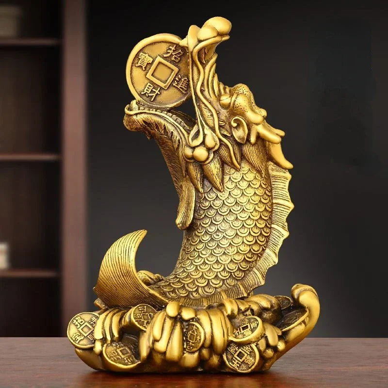 Feng Shui Brass Copper Inviting Wealth Brass Dragon Head Fish Ornament Home Desktop Decorations Sculptures