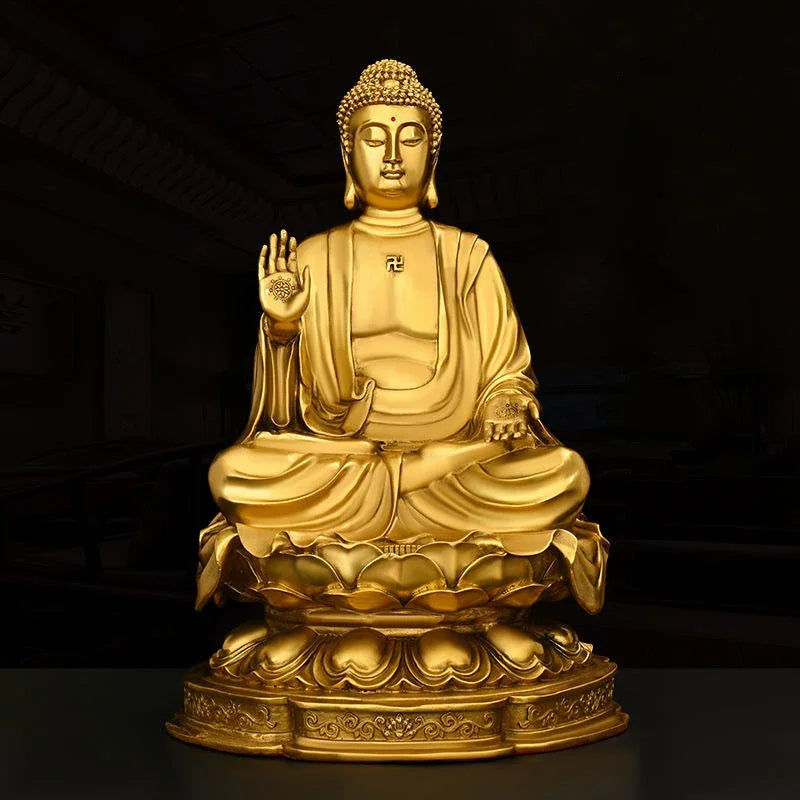 Feng Shui Copper Shakyamuni Buddha Ornaments Sitting Lotus Flower Home Buddha Hall Statue Sculptures