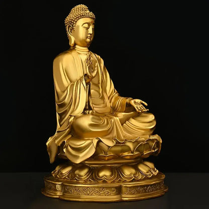 Feng Shui Copper Shakyamuni Buddha Ornaments Sitting Lotus Flower Home Buddha Hall Statue Sculptures