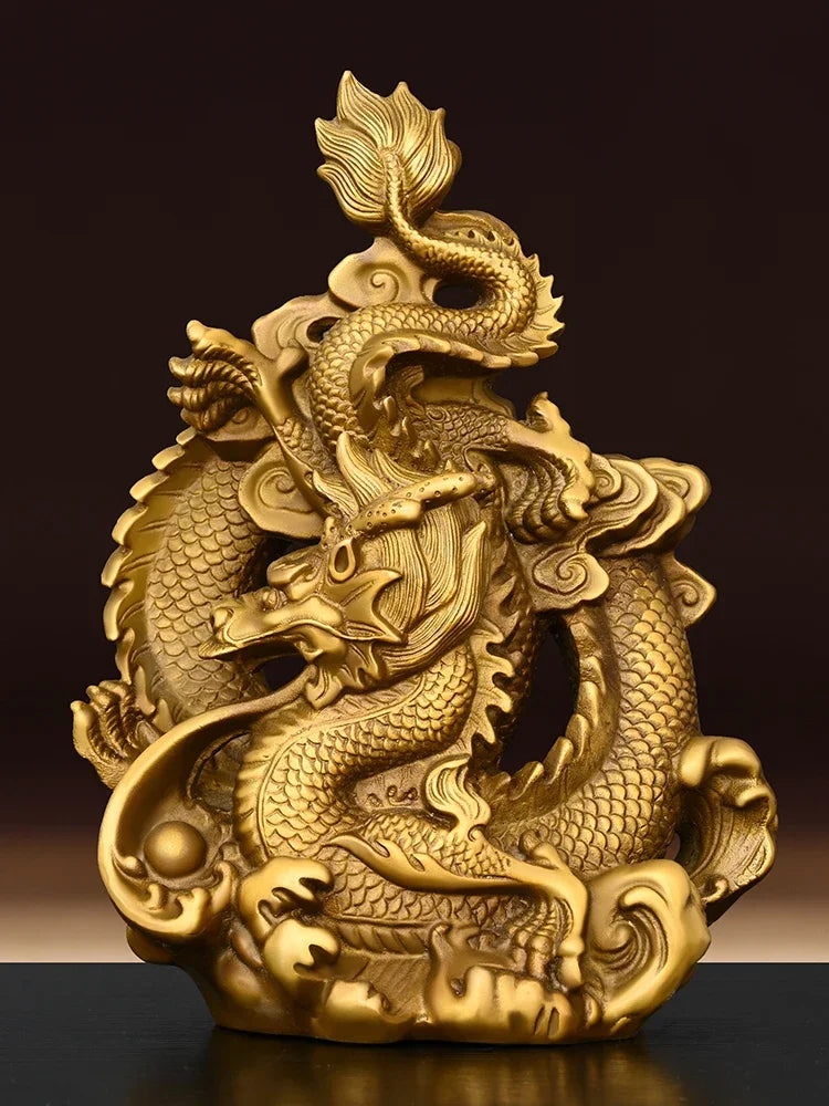 Feng Shui Coppper Dragon Ornaments Fury Green Play Beads Gold Five Claws Home Desktop Figurines Decor