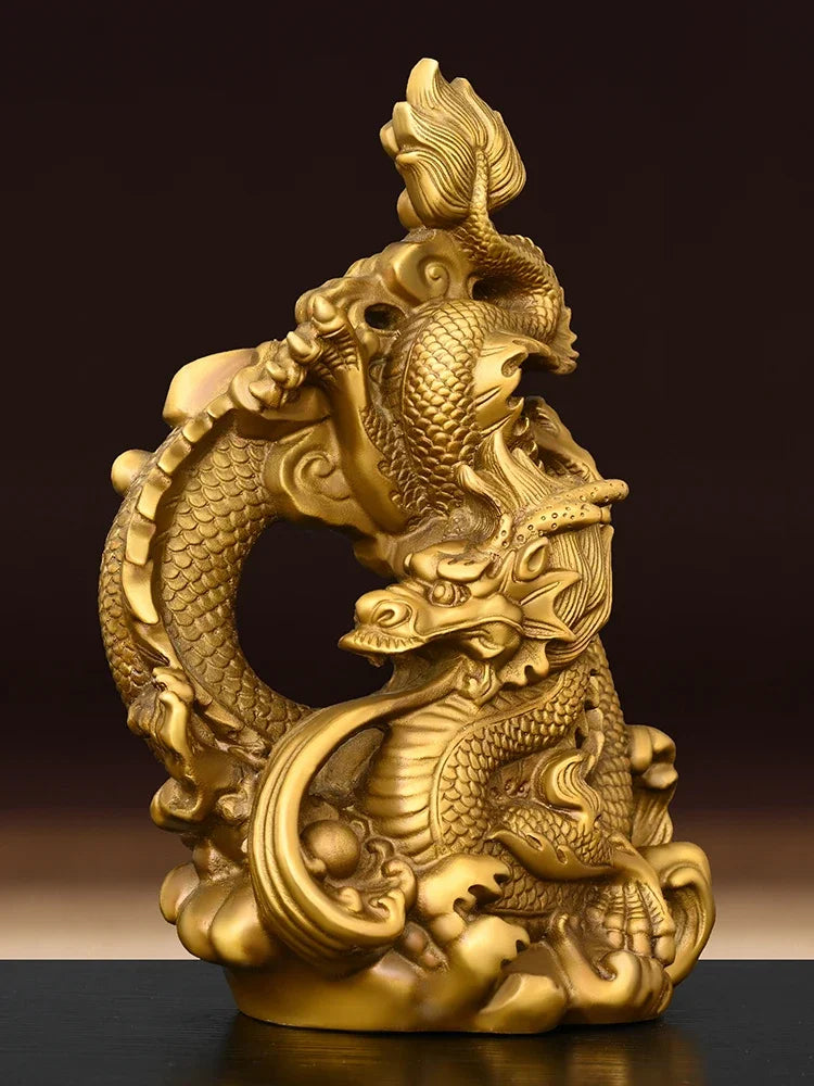 Feng Shui Coppper Dragon Ornaments Fury Green Play Beads Gold Five Claws Home Desktop Figurines Decor