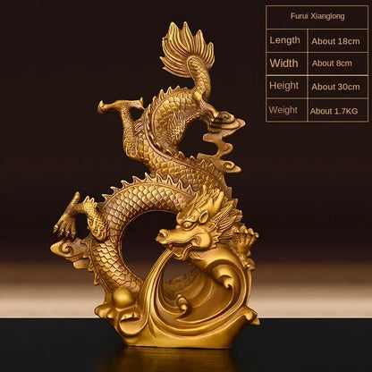 Feng Shui Coppper Dragon Ornaments Fury Green Play Beads Gold Five Claws Home Desktop Figurines Decor