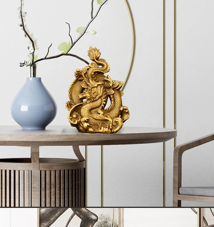 Feng Shui Coppper Dragon Ornaments Fury Green Play Beads Gold Five Claws Home Desktop Figurines Decor