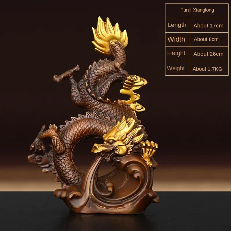 Feng Shui Coppper Dragon Ornaments Fury Green Play Beads Gold Five Claws Home Desktop Figurines Decor