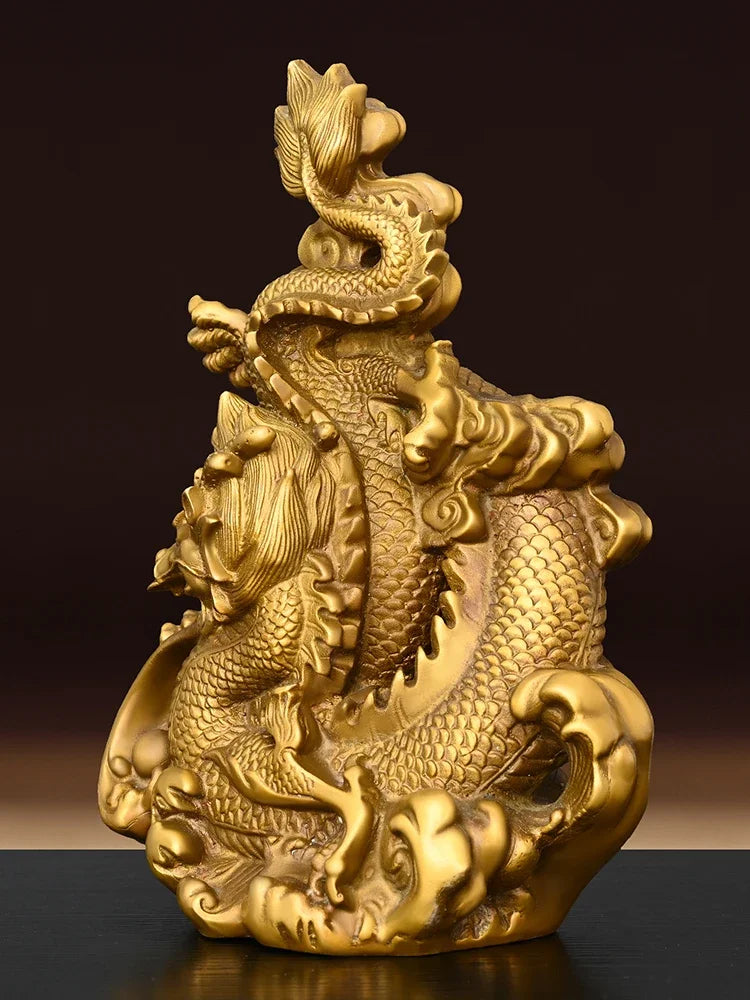 Feng Shui Coppper Dragon Ornaments Fury Green Play Beads Gold Five Claws Home Desktop Figurines Decor
