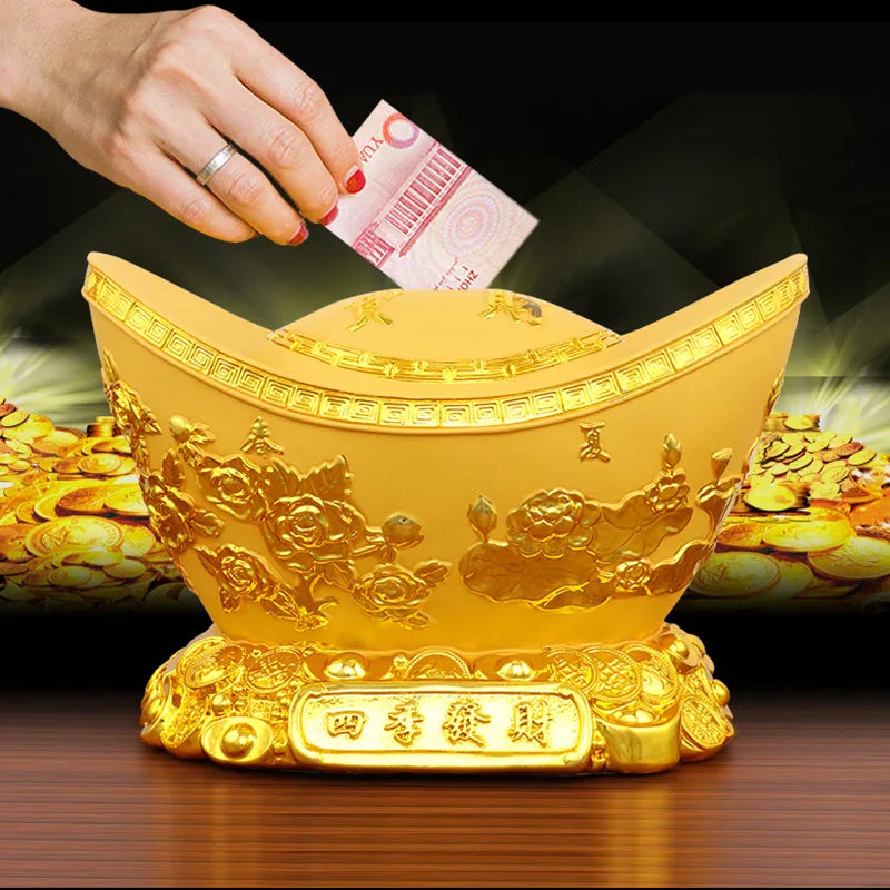Feng Shui Golden Lngot Piggy Bank ,Resin Modern Art Sculpture Large Capacity High Quality  Home Room Office Decoration Coin Box