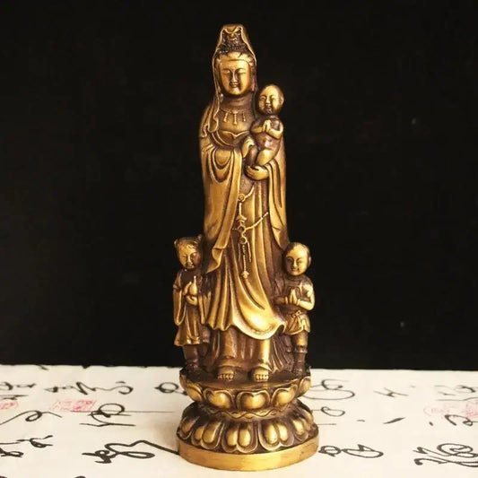 Feng Shui Guanyin Bronze Copper Statue of Buddha Standing Holding The Child Bodhisattva Home Living Decoration Crafts